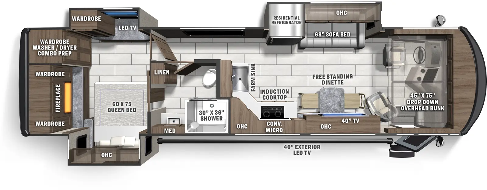 The 341SA has three slideouts and one entry. Exterior features an LED TV. Interior layout front to back: Drop down overhead bunk above front cab, and entry; off-door side slideout with sofa bed, overhead cabinet and residential refrigerator; door side free-standing dinette, TV and overhead cabinet; door side kitchen counter with induction cooktop, microwave above, overhead cabinet, wraps to inner wall with farm sink; door side full pass-through bathroom with linen closet and medicine cabinet; rear bedroom with off-door side slideout with LED TV and wardrobe, door side slideout with queen bed and overhead cabinet, and rear fireplace with wardrobes on each side, with washer/dryer combo prep.